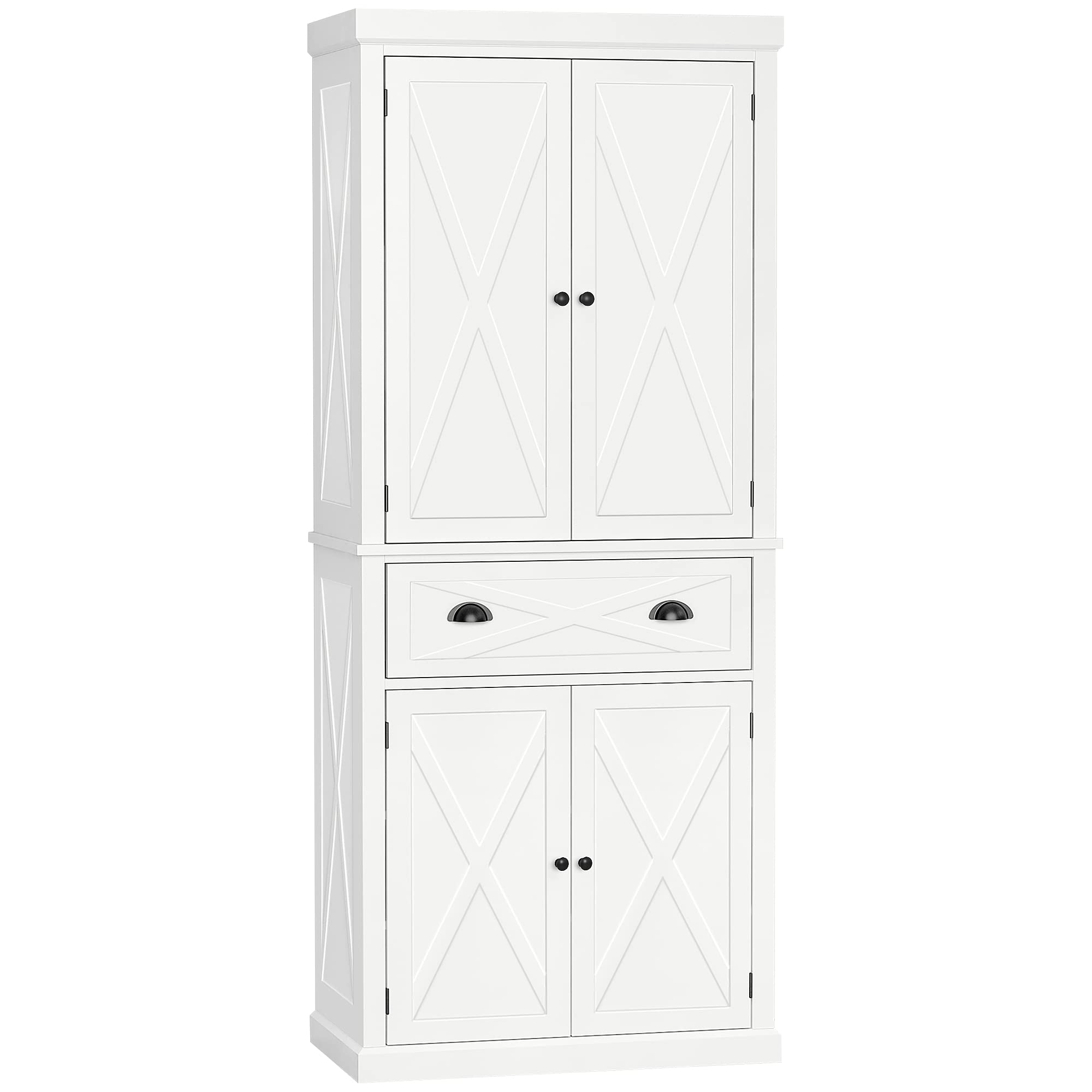 改HOMCOM 72" Kitchen Pantry Storage Cabinet, Traditional Freestanding Cupboard with 4 Doors and 3 Adjustable Shelves, Large Central Drawer, X-Frame, White