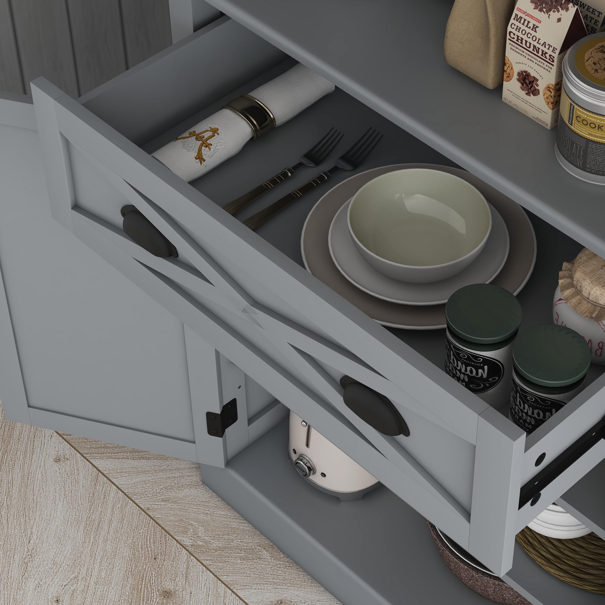 72" Kitchen Pantry Storage Cabinet, Traditional Freestanding Cupboard with 4 Doors and 3 Adjustable Shelves, Large Central Drawer , X-Frame