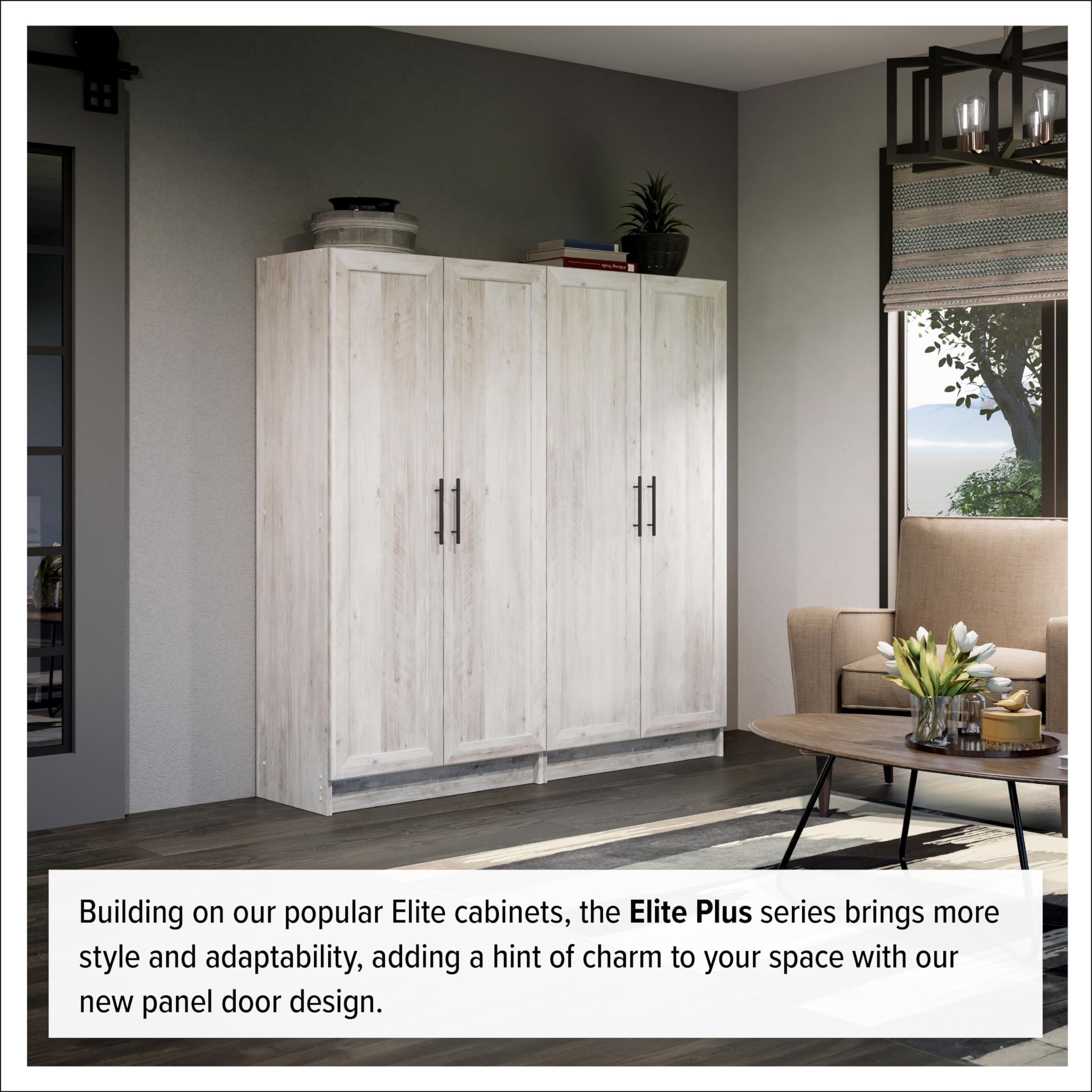 改Prepac Elite Storage Accent Cabinet with Panel Doors, White Storage Cabinet, Bathroom Cabinet, Pantry Cabinet with 3 Shelves 16.75" D x 32" W x 65" H