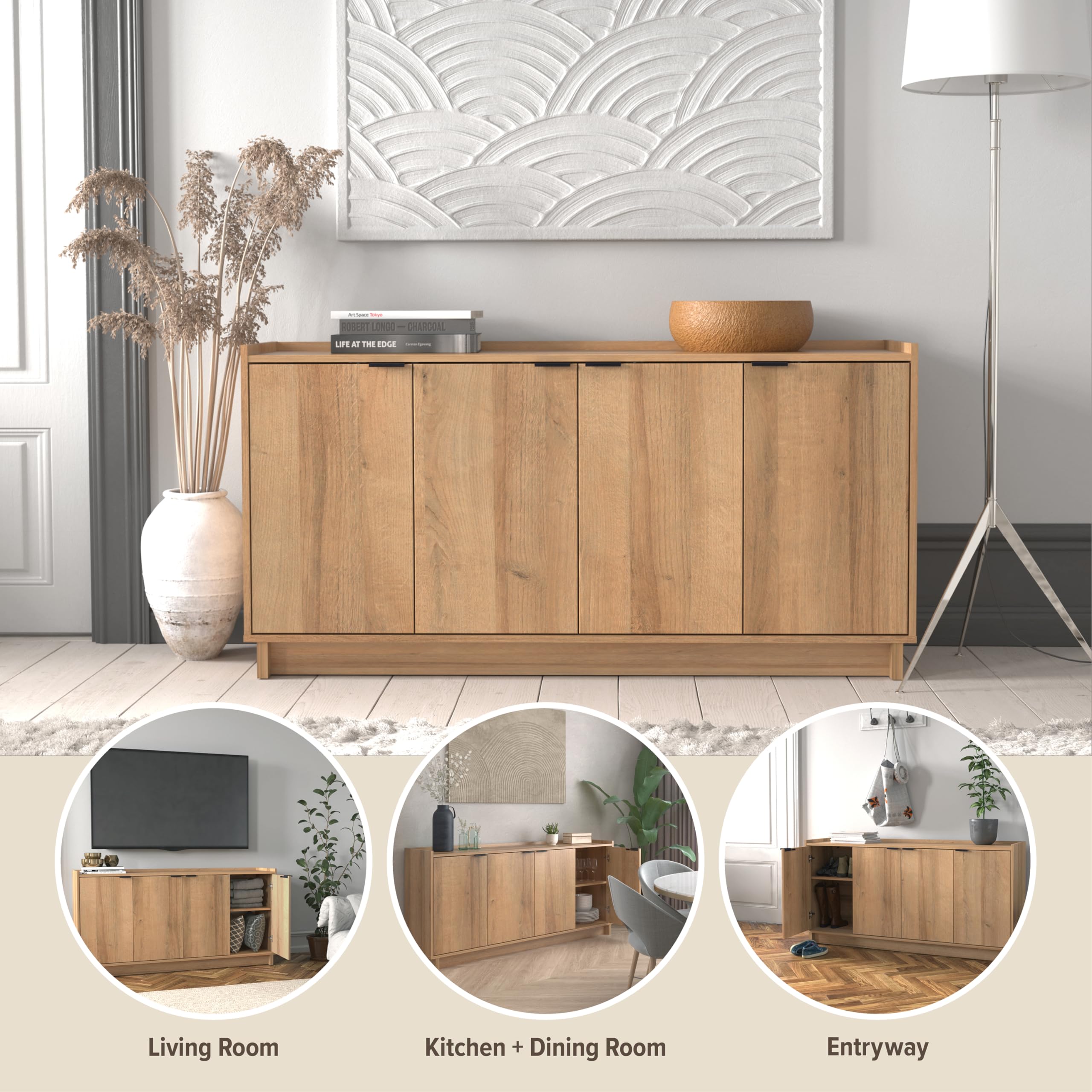 4 Console Table Doors and Shelves, Sideboard Storage Cabinet, 60" W x 30" H x 16" H