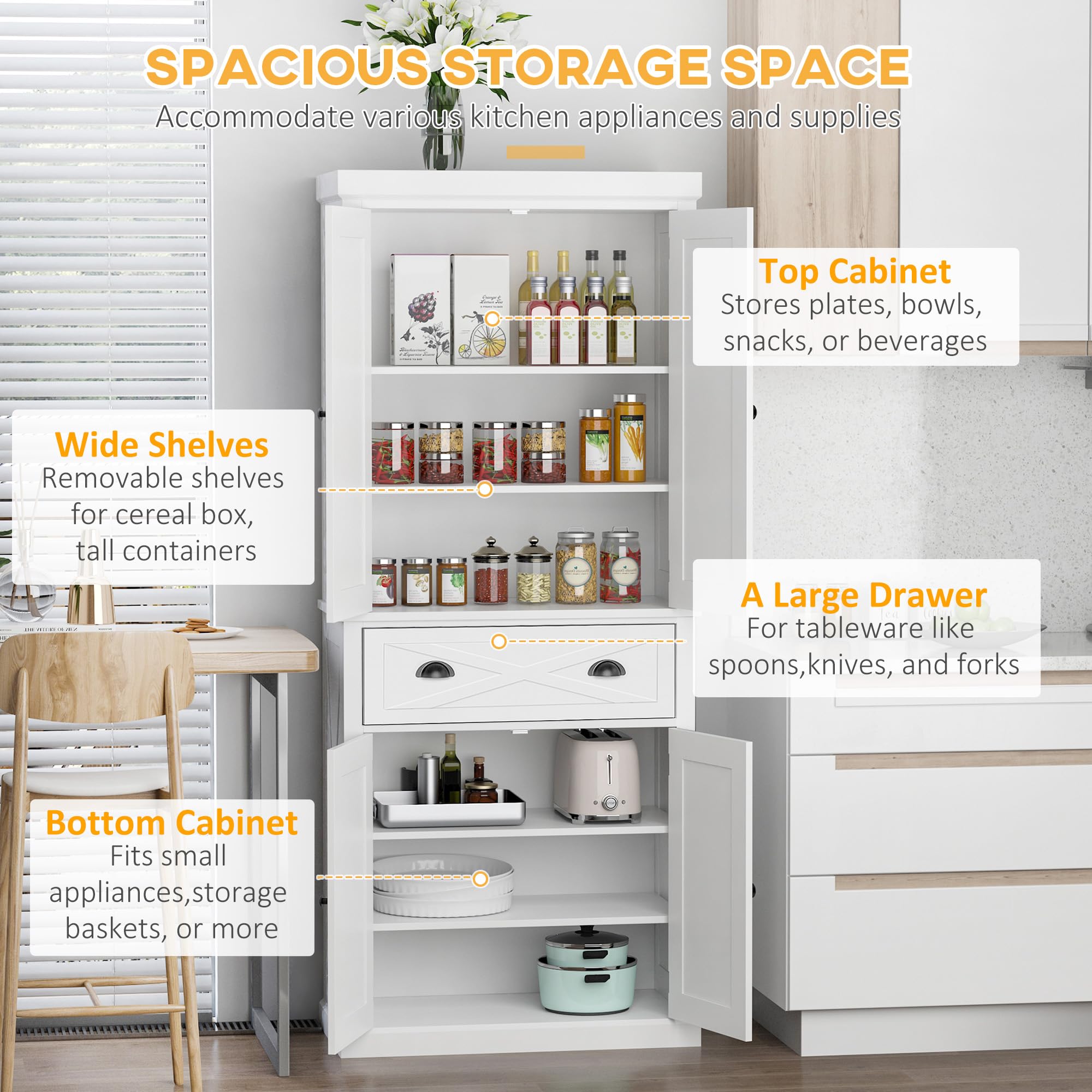 改HOMCOM 72" Kitchen Pantry Storage Cabinet, Traditional Freestanding Cupboard with 4 Doors and 3 Adjustable Shelves, Large Central Drawer, X-Frame, White
