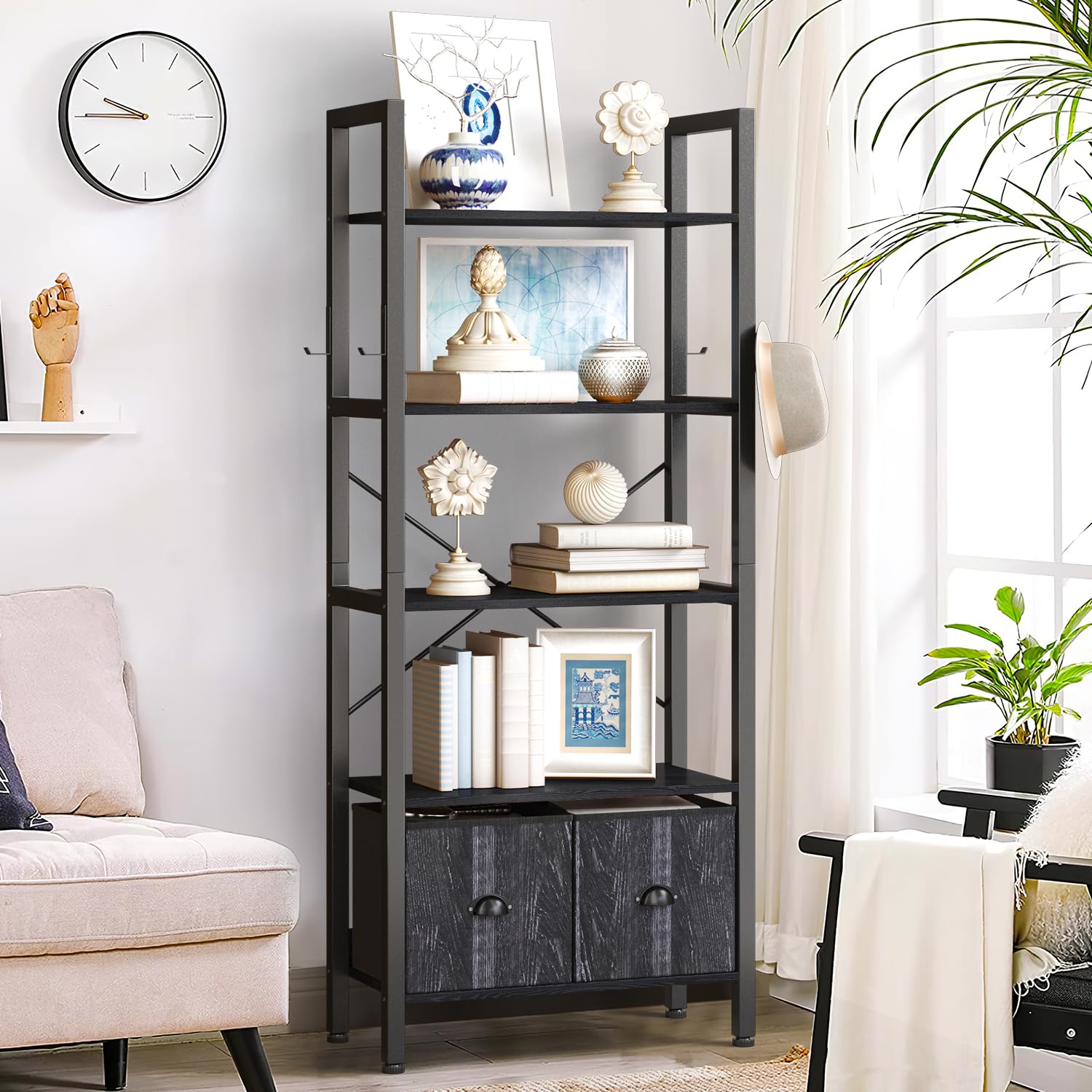 改oneinmil 5-Tier Bookshelf with 2 Storage Drawers, Industrial Display Standing Shelf, Rustic Wood Storage Shelf with Metal Frame, Open Bookcases for Living Room, Bedroom, Home Office (Brown)