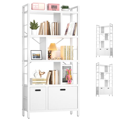 Tall Bookshelf with Drawers - 5 Tier Bookcase Modern Book Shelf Display Standing Shelf Units with Storage, Wood and Metal Bookshelves for Living Room, Bedroom, Home Office