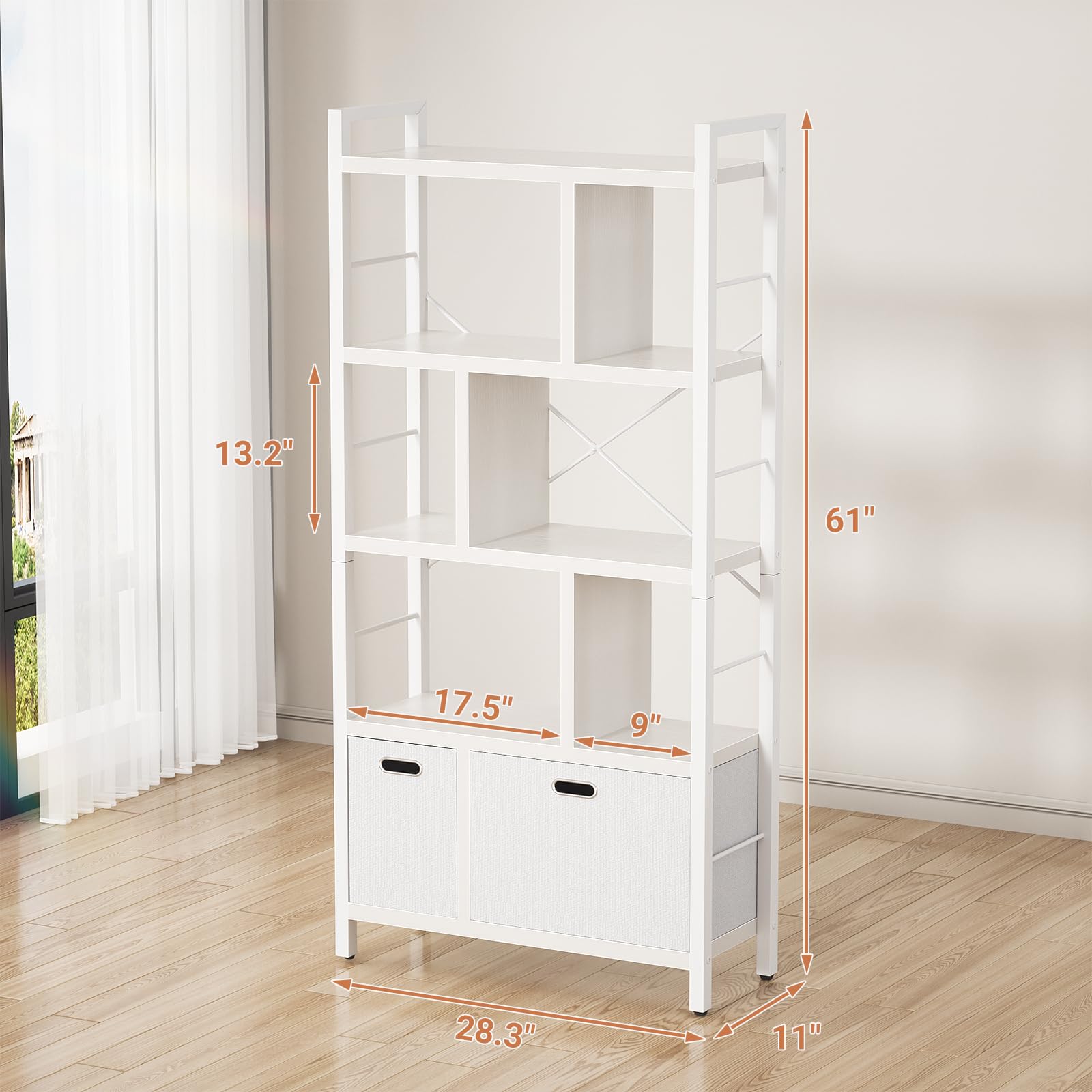 改armocity Tall Bookshelf with Drawers - 5 Tier Bookcase Modern Book Shelf Display Standing Shelf Units with Storage, Wood and Metal Bookshelves for Living Room, Bedroom, Home Office, Black