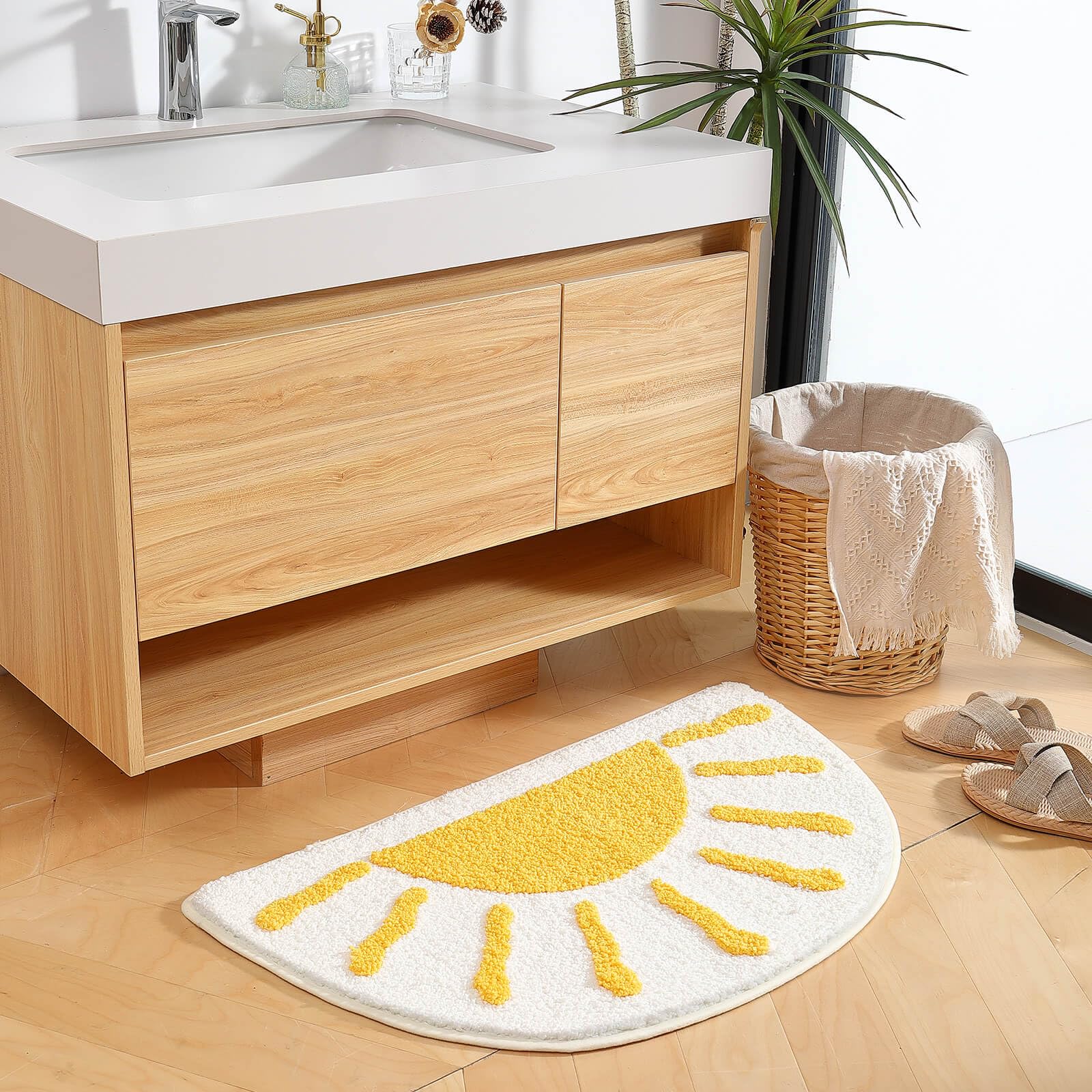 改Bathroom Rugs Mat Half Circle - Cute Sun Fun White Yellow Boho Bath Mats Non Slip, Soft Absorbent Microfiber Bohemian Rug, Semi Round Machine Washable Rubber Rugs for Floor Bedroom Toilet Door Bathmat