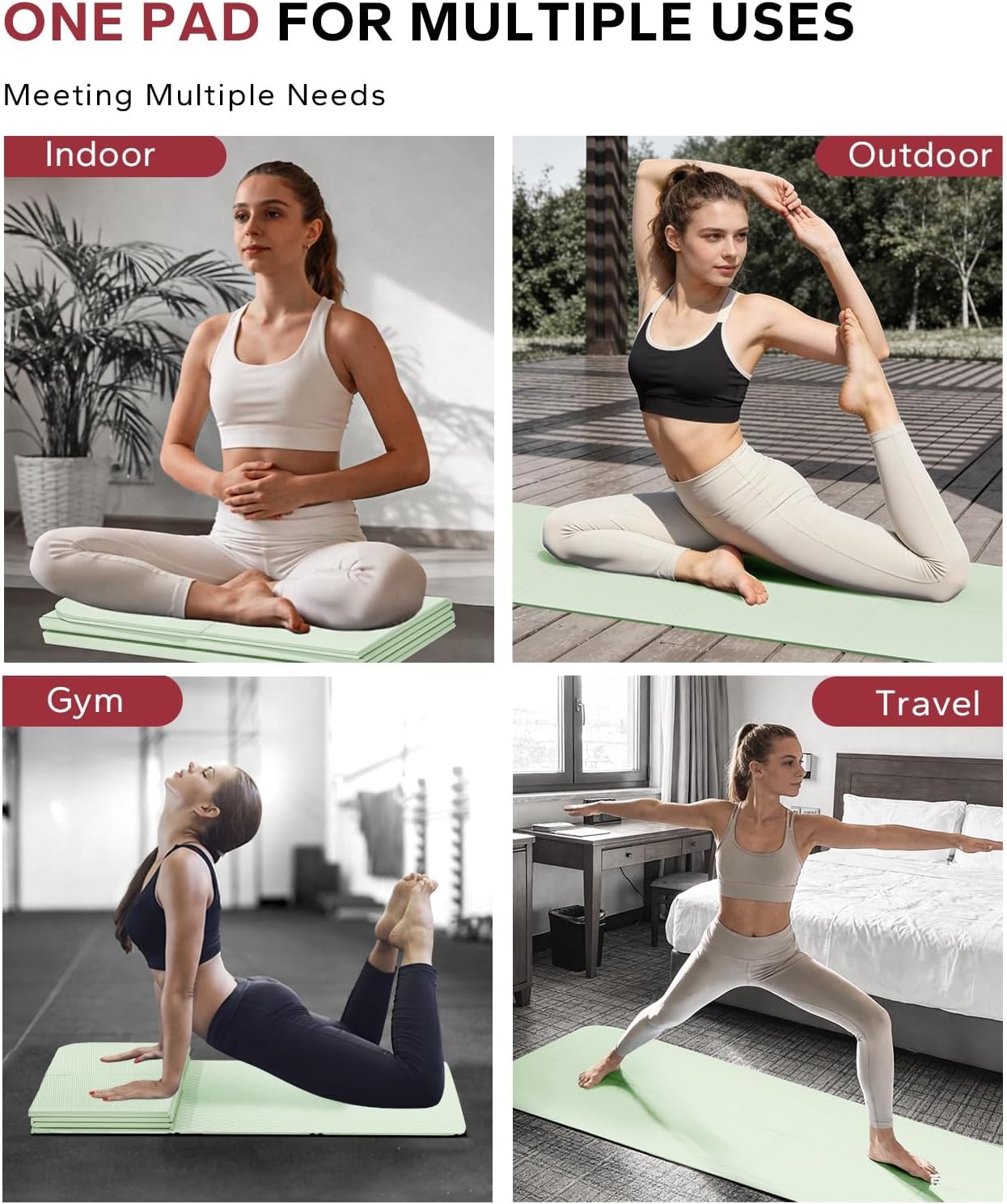 HAPBEAR Foldable Yoga Mat - 72"x24"x0.24" (6mm), Non-Slip TPE Exercise Mat for Home Workout, Yoga, Pilates,Stretching, & Travel, Durable & Eco-Friendly, Includes Carry Bag