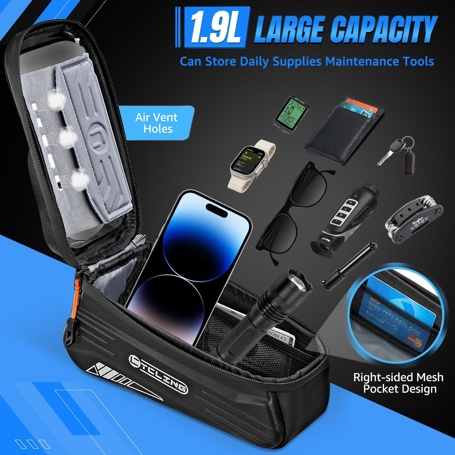 WOTOW Bike Frame Bag - Water Resistant Bicycle Top Tube Bag with TPU Sensitive Touch Screen & 1.9L Capacity, EVA Hard Shell Phone Holder Mount Bag, Compatible with 4.7-7" Phones with Case