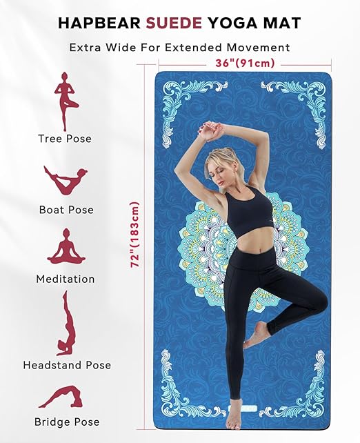 HAPBEAR Large Yoga Mat - 72x36'' Wide workout Mat, Suede Surface with TPE Layer, 1/4'' Thick for Cushioned Support, Non-Slip Yoga Mat, Suitable for Yoga, Pilates, Home and Gym Workouts