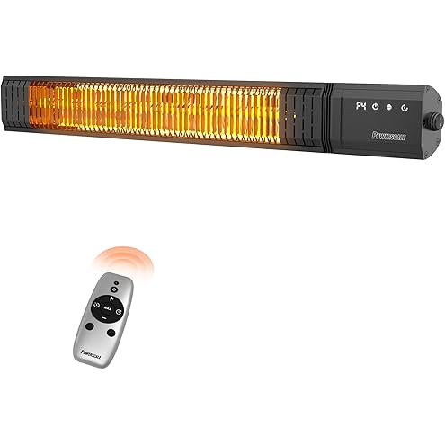 Powerscale 1500W Electric Patio Heater, IP65 Waterproof, Remote, Fast Heating, 4 Heat Levels, 24H Timer & Memory Function, Wall Mounted Indoor/Outdoor Heater for Patio, Garage, Backyard, Black
