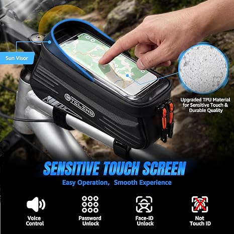 WOTOW Bike Frame Bag - Water Resistant Bicycle Top Tube Bag with TPU Sensitive Touch Screen & 1.9L Capacity, EVA Hard Shell Phone Holder Mount Bag, Compatible with 4.7-7" Phones with Case
