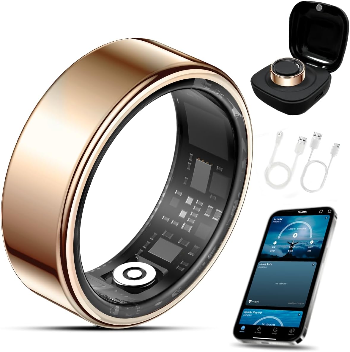 Smart Ring Health Tracker with Charging Case Sleep Heart Rate & Blood Oxygen Monitor 5ATM+IP68 Waterproof Fitness Ring No Subscription 3-7Day Battery iOS & Android Compatible for Men Women Gold 8#