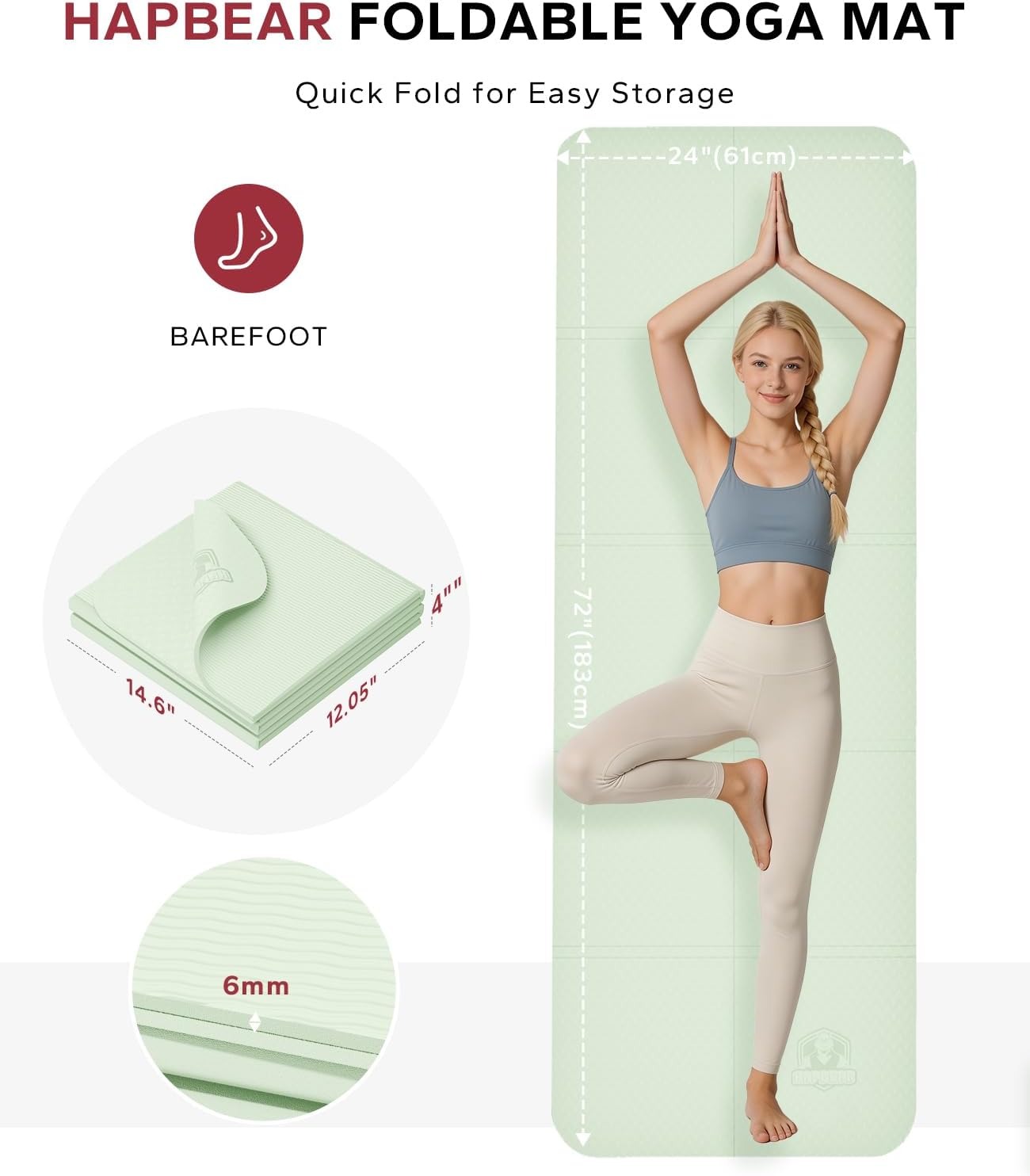 HAPBEAR Foldable Yoga Mat - 72"x24"x0.24" (6mm), Non-Slip TPE Exercise Mat for Home Workout, Yoga, Pilates,Stretching, & Travel, Durable & Eco-Friendly, Includes Carry Bag