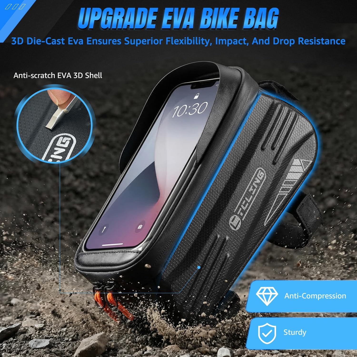 WOTOW Bike Frame Bag - Water Resistant Bicycle Top Tube Bag with TPU Sensitive Touch Screen & 1.9L Capacity, EVA Hard Shell Phone Holder Mount Bag, Compatible with 4.7-7" Phones with Case