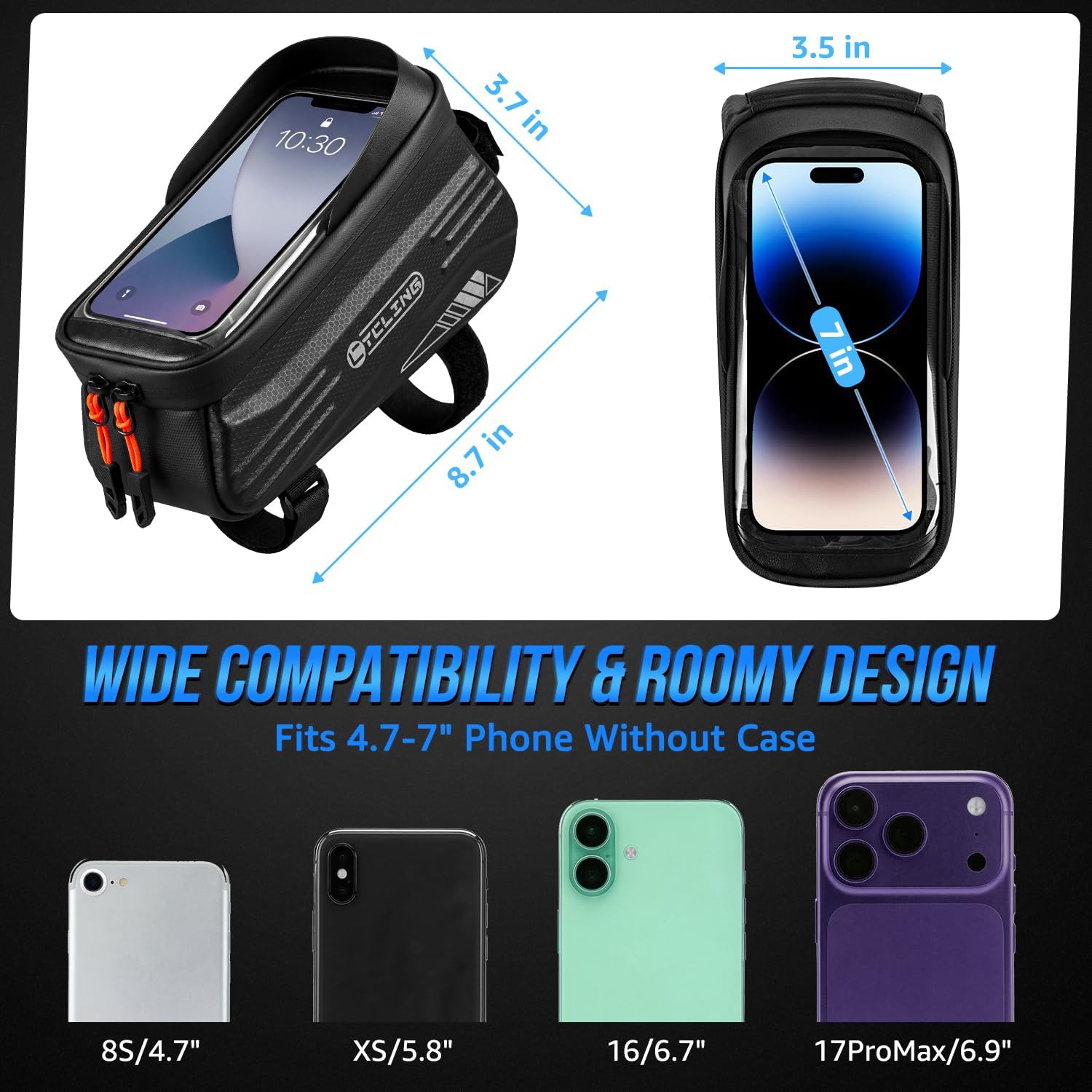 WOTOW Bike Frame Bag - Water Resistant Bicycle Top Tube Bag with TPU Sensitive Touch Screen & 1.9L Capacity, EVA Hard Shell Phone Holder Mount Bag, Compatible with 4.7-7" Phones with Case