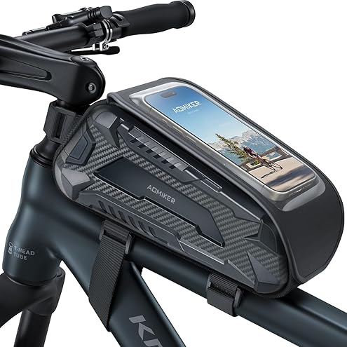 WOTOW Bike Frame Bag - Water Resistant Bicycle Top Tube Bag with TPU Sensitive Touch Screen & 1.9L Capacity, EVA Hard Shell Phone Holder Mount Bag, Compatible with 4.7-7" Phones with Case