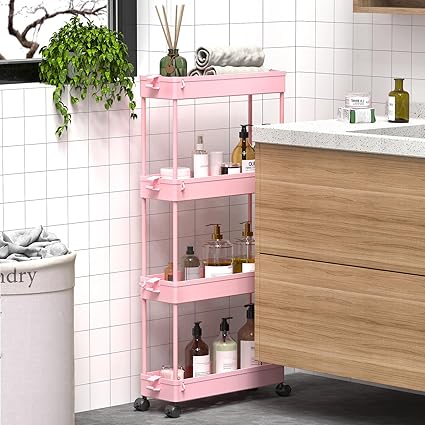 SPACEKEEPER Slim Rolling Storage Cart 4 Tier Bathroom Organizer Cart Mobile Shelving Unit Slide Out Utility Cart for Kitchen, Bthroom, Makeup, Craft, Laundry Narrow Places, Black