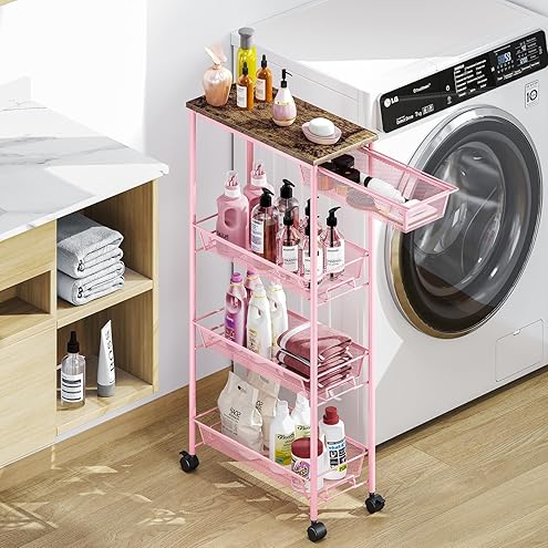 SPACEKEEPER Slim Rolling Storage Cart 4 Tier Bathroom Organizer Cart Mobile Shelving Unit Slide Out Utility Cart for Kitchen, Bthroom, Makeup, Craft, Laundry Narrow Places, Black