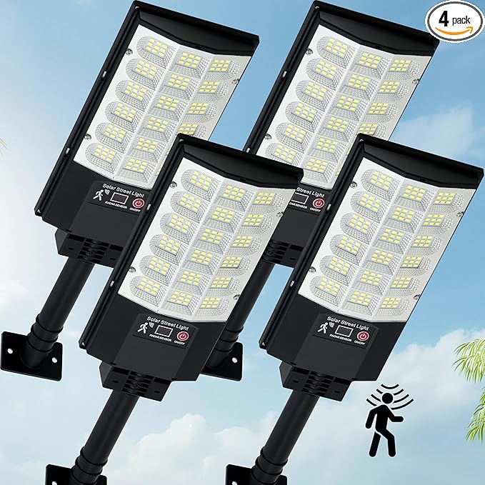 Solar Street Lights Outdoor, Waterproof Motion Sensor Solar Lights with Remote Control, 6500K Dusk to Dawn Parking Lot Flood Light for Outside Garage Yard, 4 Pack