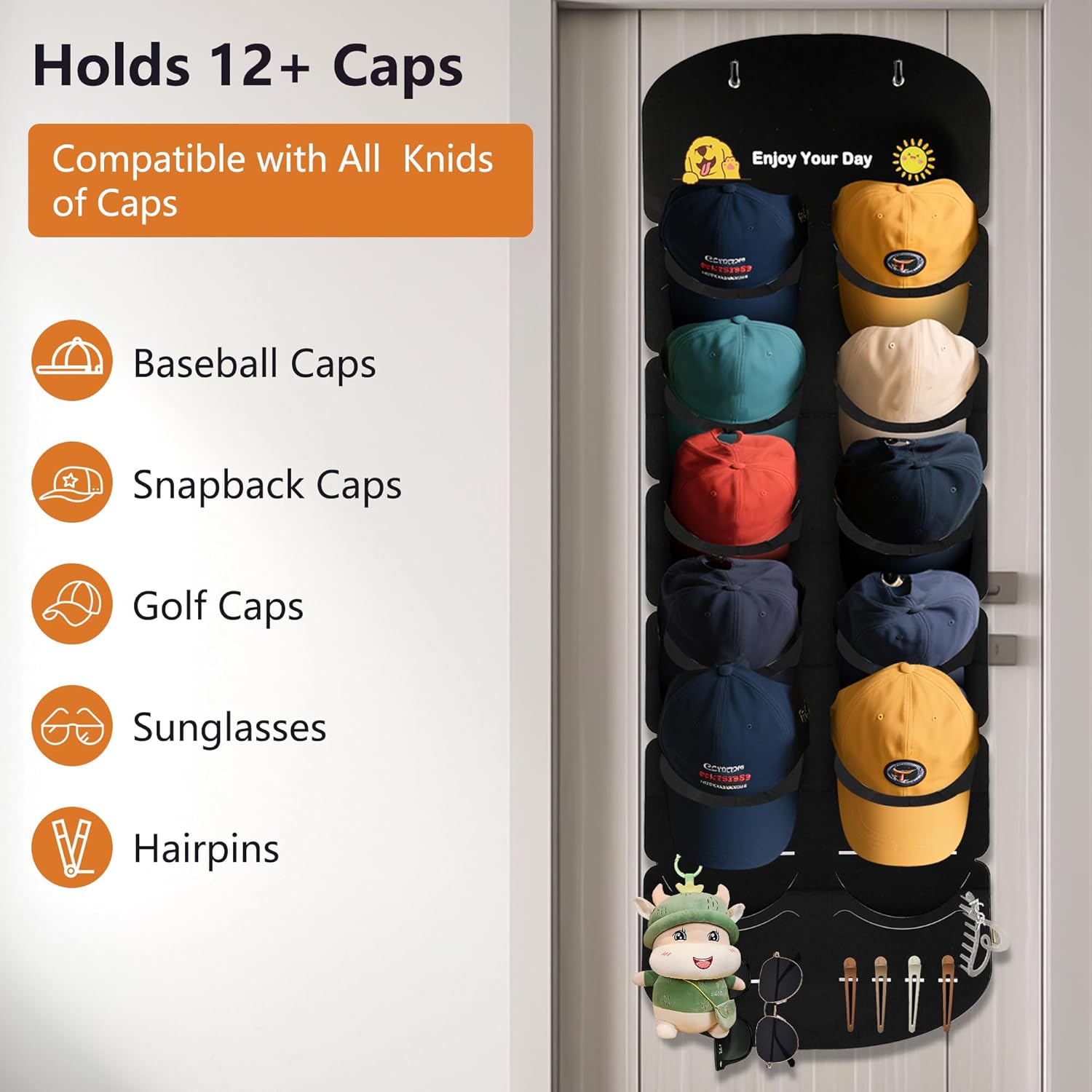 Hat Organizer for Baseball Caps, Over The Door Cap Organizer Cap Hat Holder with 12 Deep Clear Pockets, Hat Storage to Protect and Display with 2 Hook