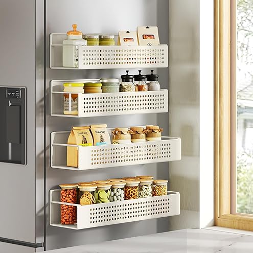 Magnetic Spice Rack, Thipoten Strong Magnetic Shelf with 2 Removable Hooks, Perfect Space Saver for Small Kitchen/ Apartment, Awesome Metal Cabinet for Holding Spices, Jars, Salt (White, 2Pack)