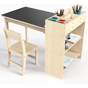 Kids Art Table and Chair Set, Sturdy Beech Wood Study Desk for Children’s Drawing, Learning & Play - Multi-Functional Activity Table for Home,Toddler Desk with Storage and 1 Chair