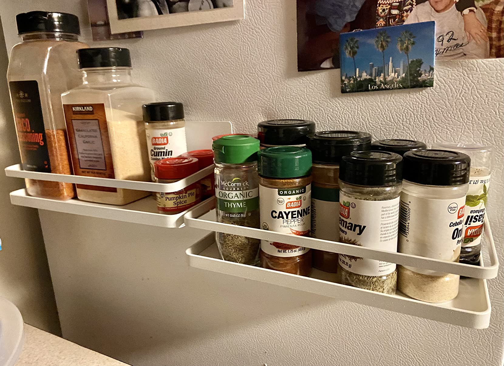 Magnetic Spice Rack, Thipoten Strong Magnetic Shelf with 2 Removable Hooks, Perfect Space Saver for Small Kitchen/ Apartment, Awesome Metal Cabinet for Holding Spices, Jars, Salt (White, 2Pack)
