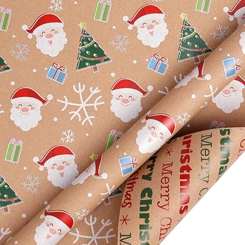 Homelyhi Christmas Wrapping Paper Rolls, 3 Rolls Recyclable Kraft Holiday Xmas Gift Wrap Reversible Prints with 6 Patterns, Santa, Rustic Red Trucks, Tree, Snowflake, Candy Cane, 17 Inch x 9.8 Feet