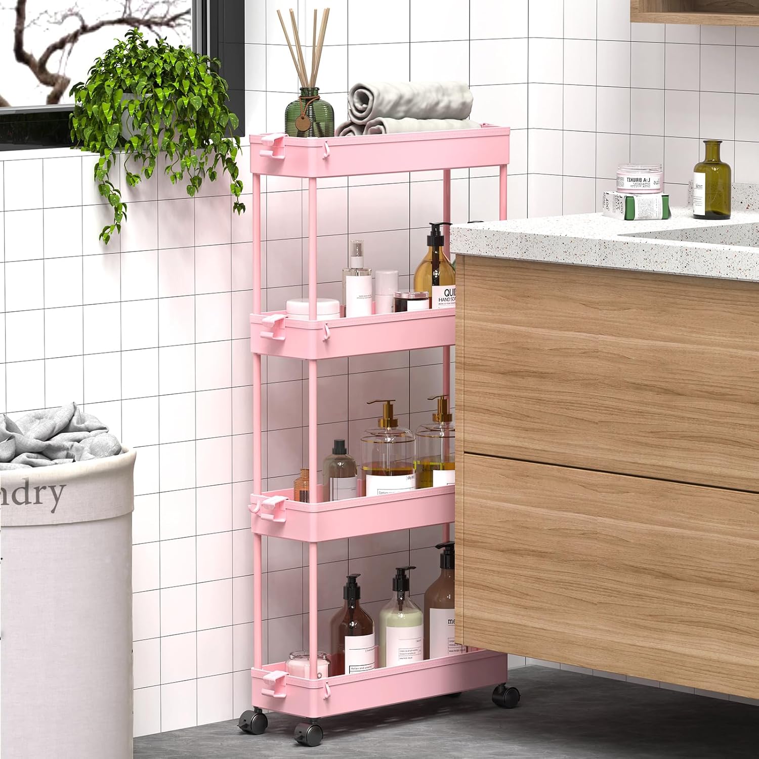 SPACEKEEPER Slim Rolling Storage Cart 4 Tier Bathroom Organizer Cart Mobile Shelving Unit Slide Out Utility Cart for Kitchen, Bthroom, Makeup, Craft, Laundry Narrow Places, Black