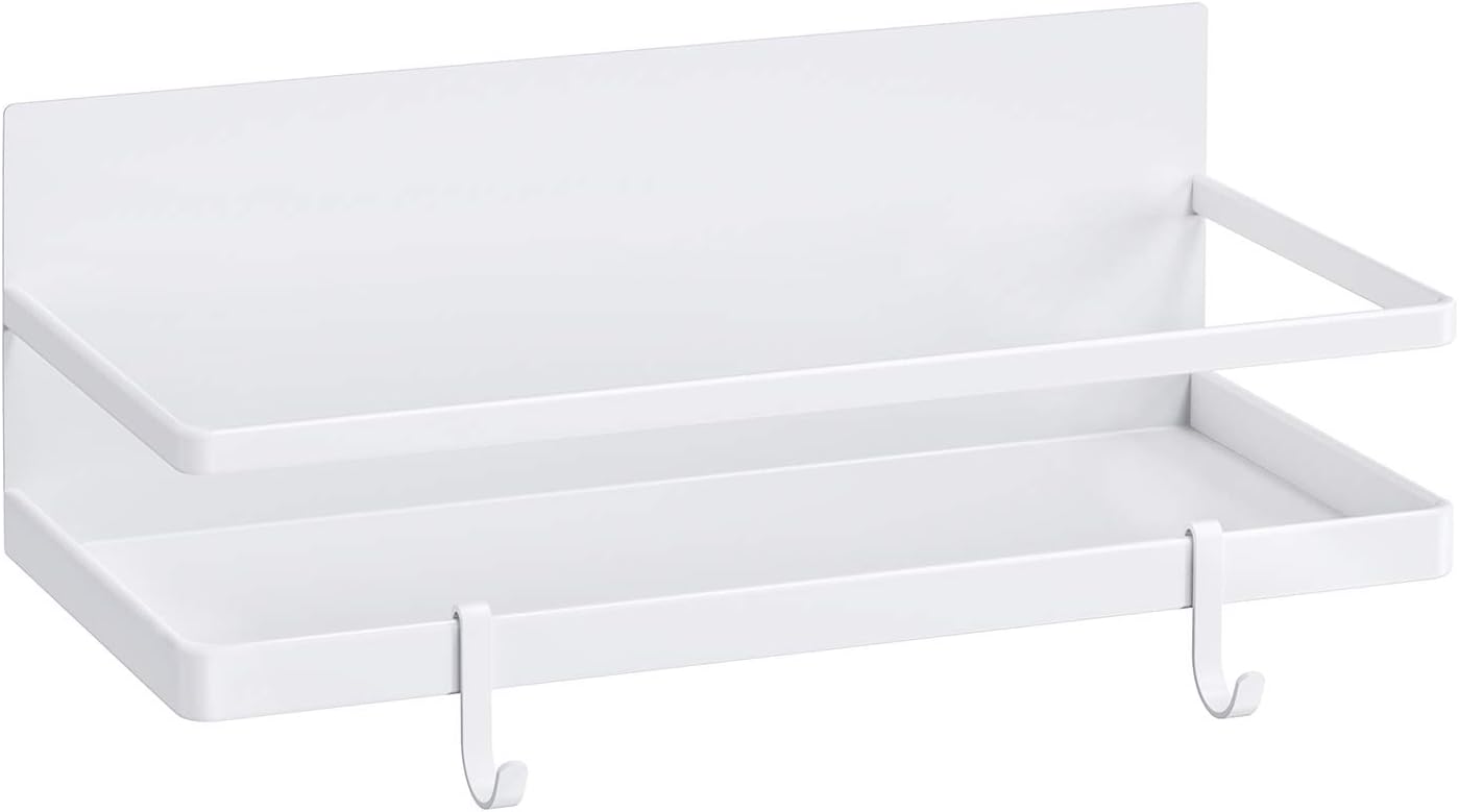 Magnetic Spice Rack, Thipoten Strong Magnetic Shelf with 2 Removable Hooks, Perfect Space Saver for Small Kitchen/ Apartment, Awesome Metal Cabinet for Holding Spices, Jars, Salt (White, 2Pack)