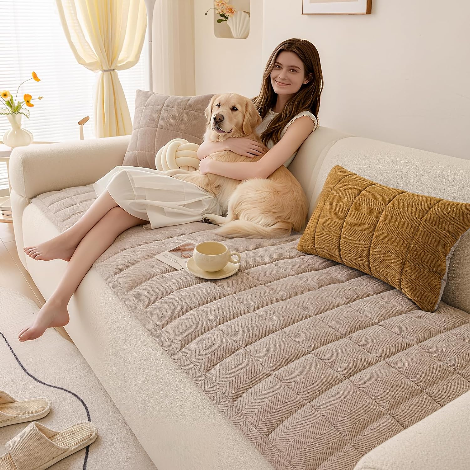 Couch Covers for Dogs, Non-Slip Washable Sofa Covers for 3 Cushion Couch, Soft Comfortable Pet-Friendly Furniture Protector for High Traffic Living Rooms(Beige, 27.6''x70.9'')