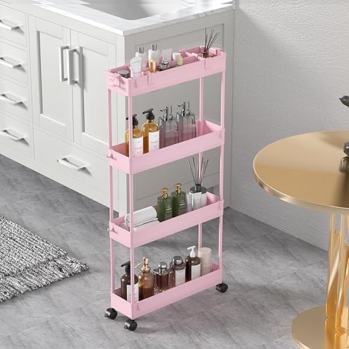 SPACEKEEPER Slim Rolling Storage Cart 4 Tier Bathroom Organizer Cart Mobile Shelving Unit Slide Out Utility Cart for Kitchen, Bthroom, Makeup, Craft, Laundry Narrow Places, Black