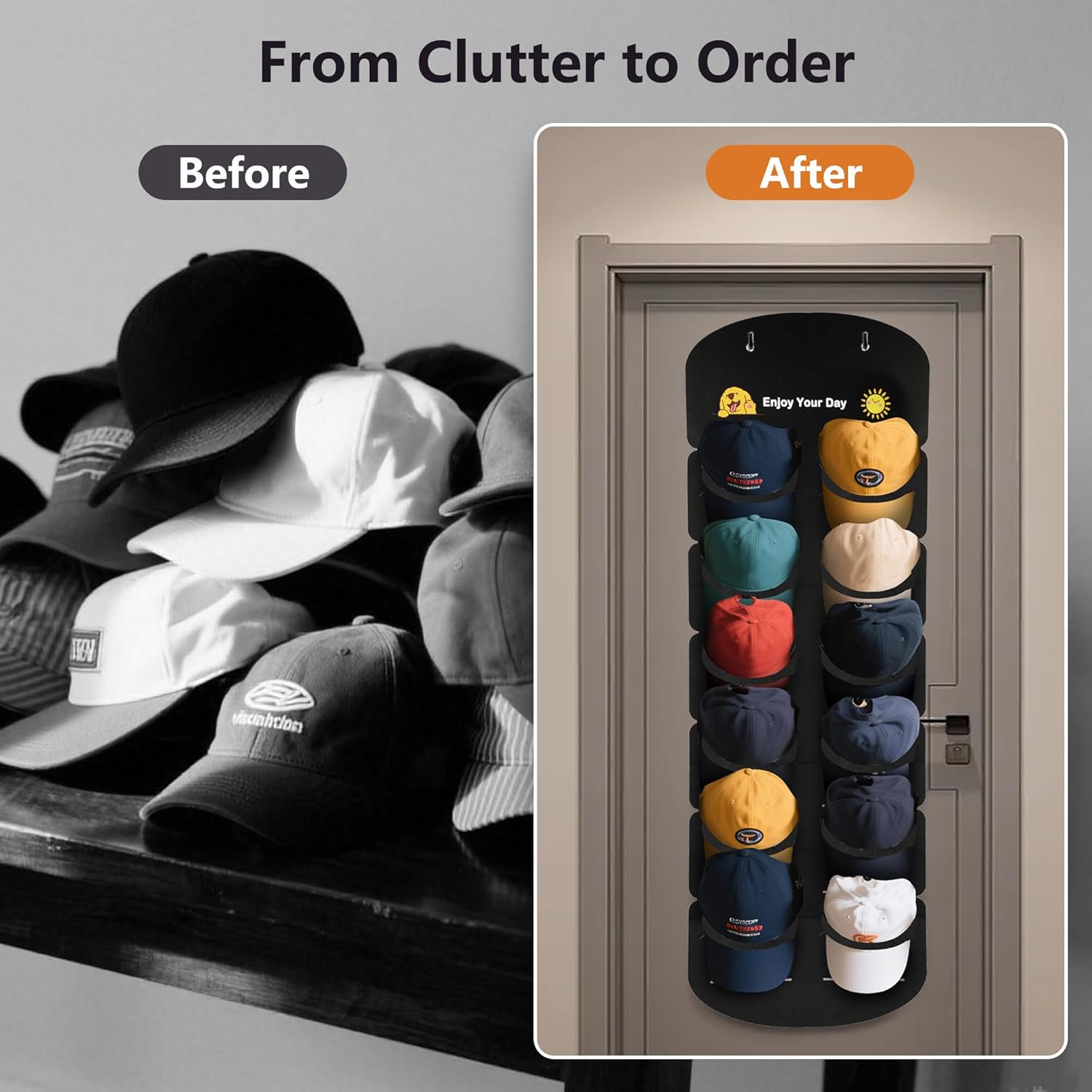 Hat Organizer for Baseball Caps, Over The Door Cap Organizer Cap Hat Holder with 12 Deep Clear Pockets, Hat Storage to Protect and Display with 2 Hook