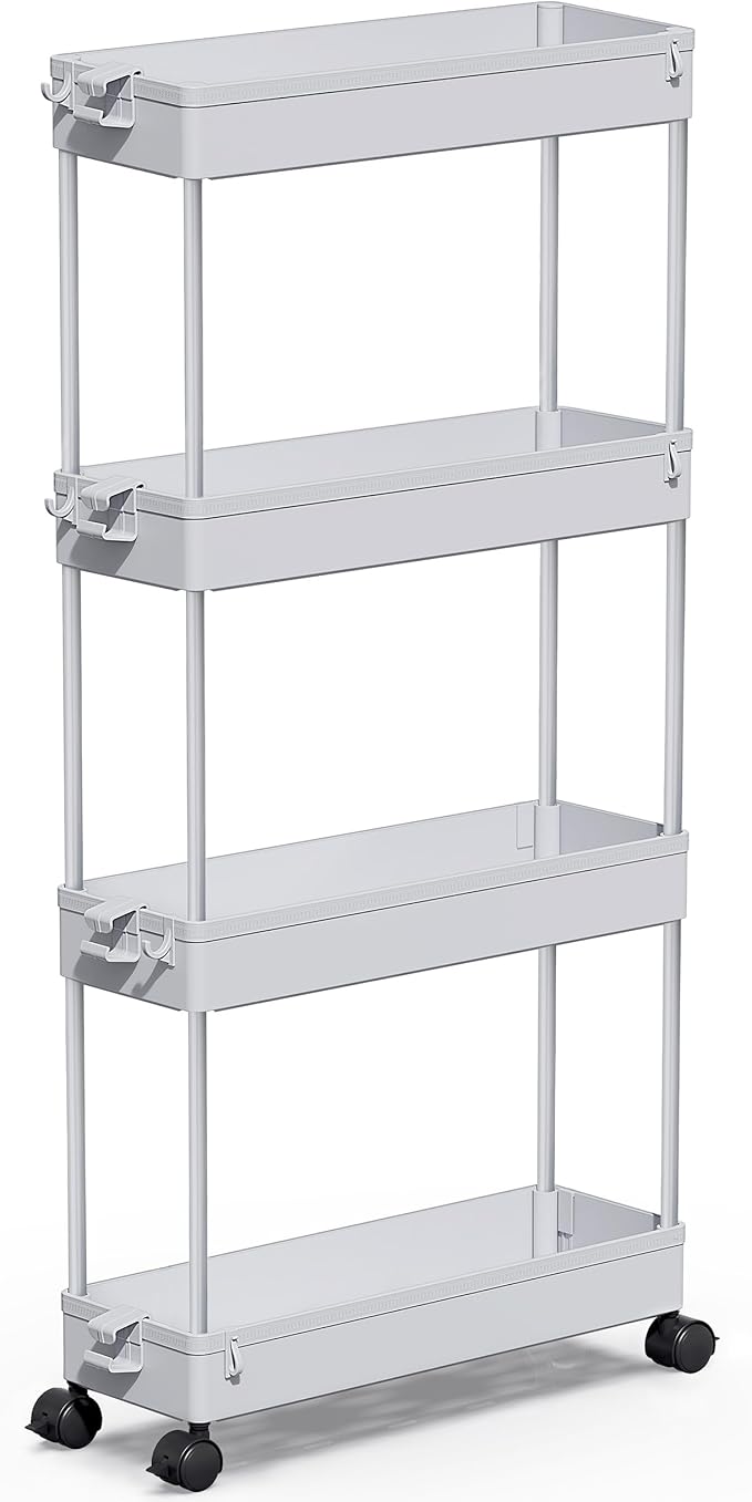 SPACEKEEPER Slim Rolling Storage Cart 4 Tier Bathroom Organizer Cart Mobile Shelving Unit Slide Out Utility Cart for Kitchen, Bthroom, Makeup, Craft, Laundry Narrow Places, Black