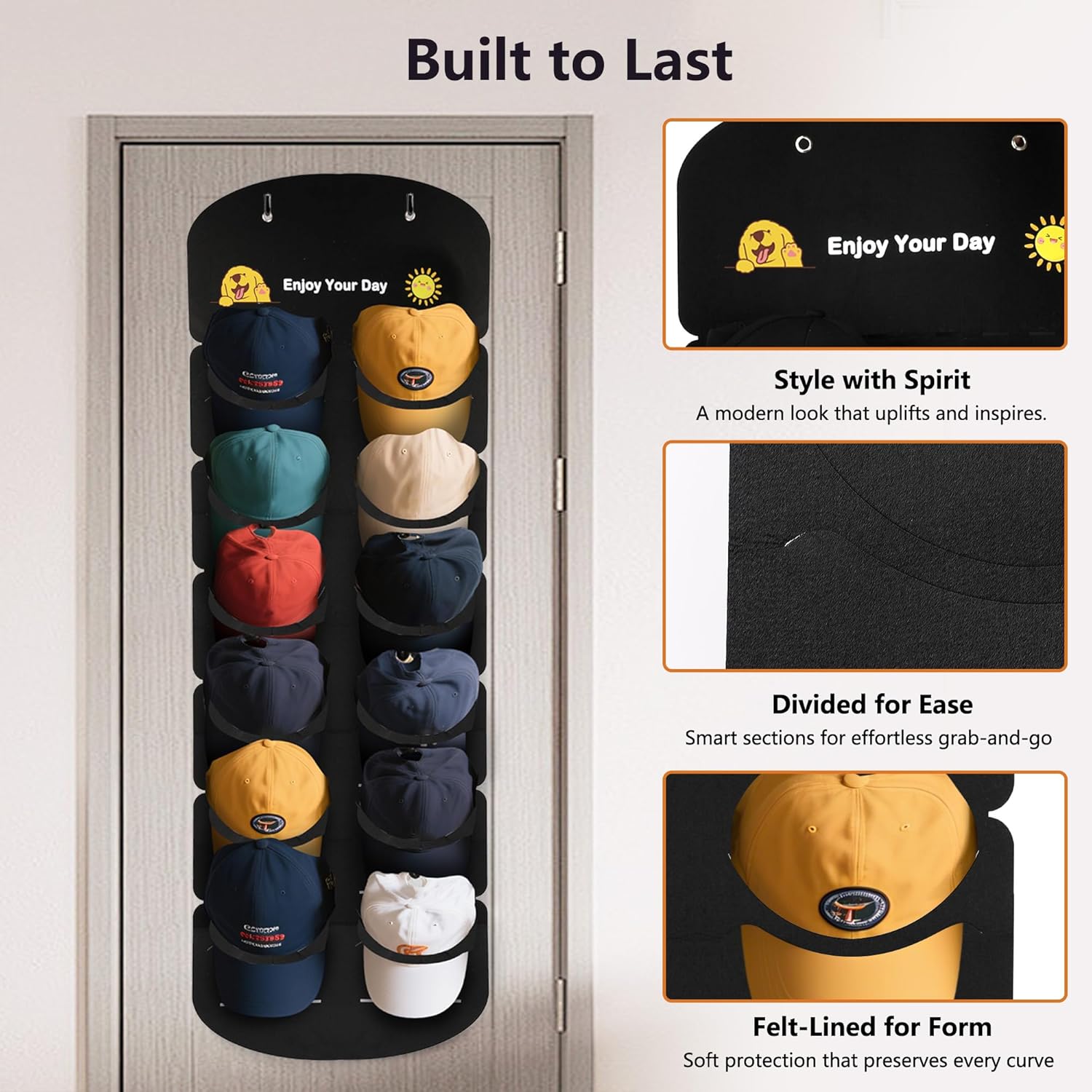 Hat Organizer for Baseball Caps, Over The Door Cap Organizer Cap Hat Holder with 12 Deep Clear Pockets, Hat Storage to Protect and Display with 2 Hook