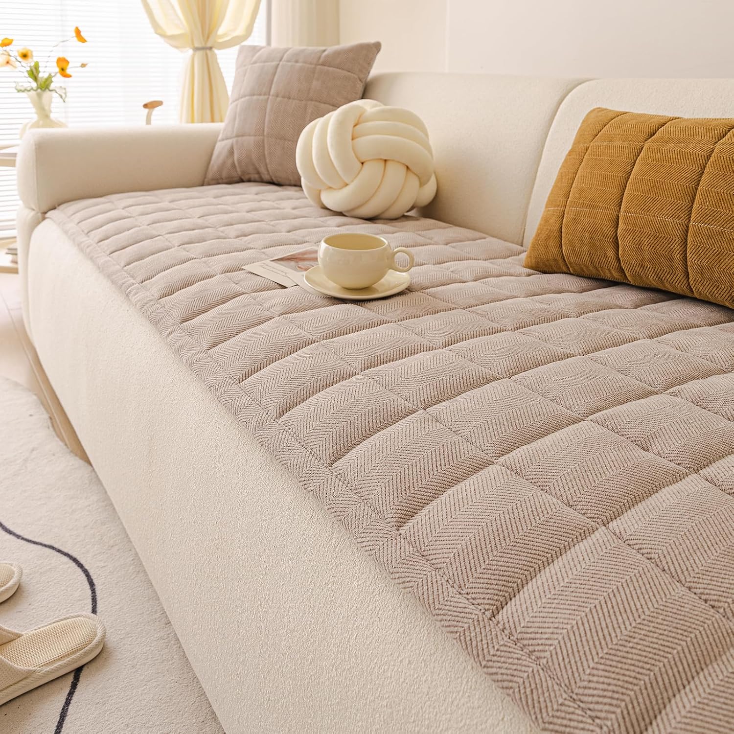 Couch Covers for Dogs, Non-Slip Washable Sofa Covers for 3 Cushion Couch, Soft Comfortable Pet-Friendly Furniture Protector for High Traffic Living Rooms(Beige, 27.6''x70.9'')