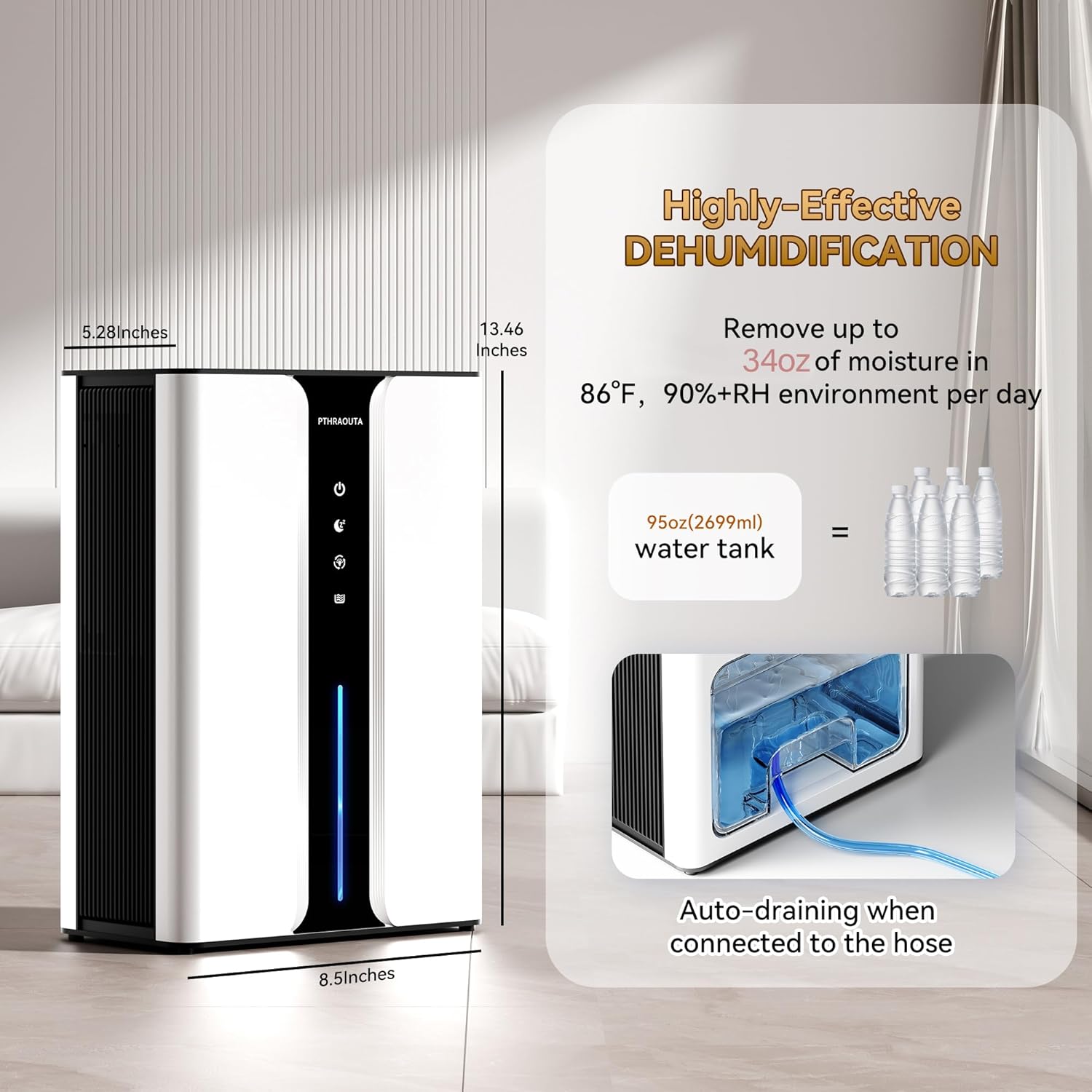 Home Dehumidifier with Drain Hose, (950 sq.ft) 95oz Quiet dehumidifier for Bedroom Bathroom, with Air Reusable Filter Indoor deshumidificador for Basement RV Closet