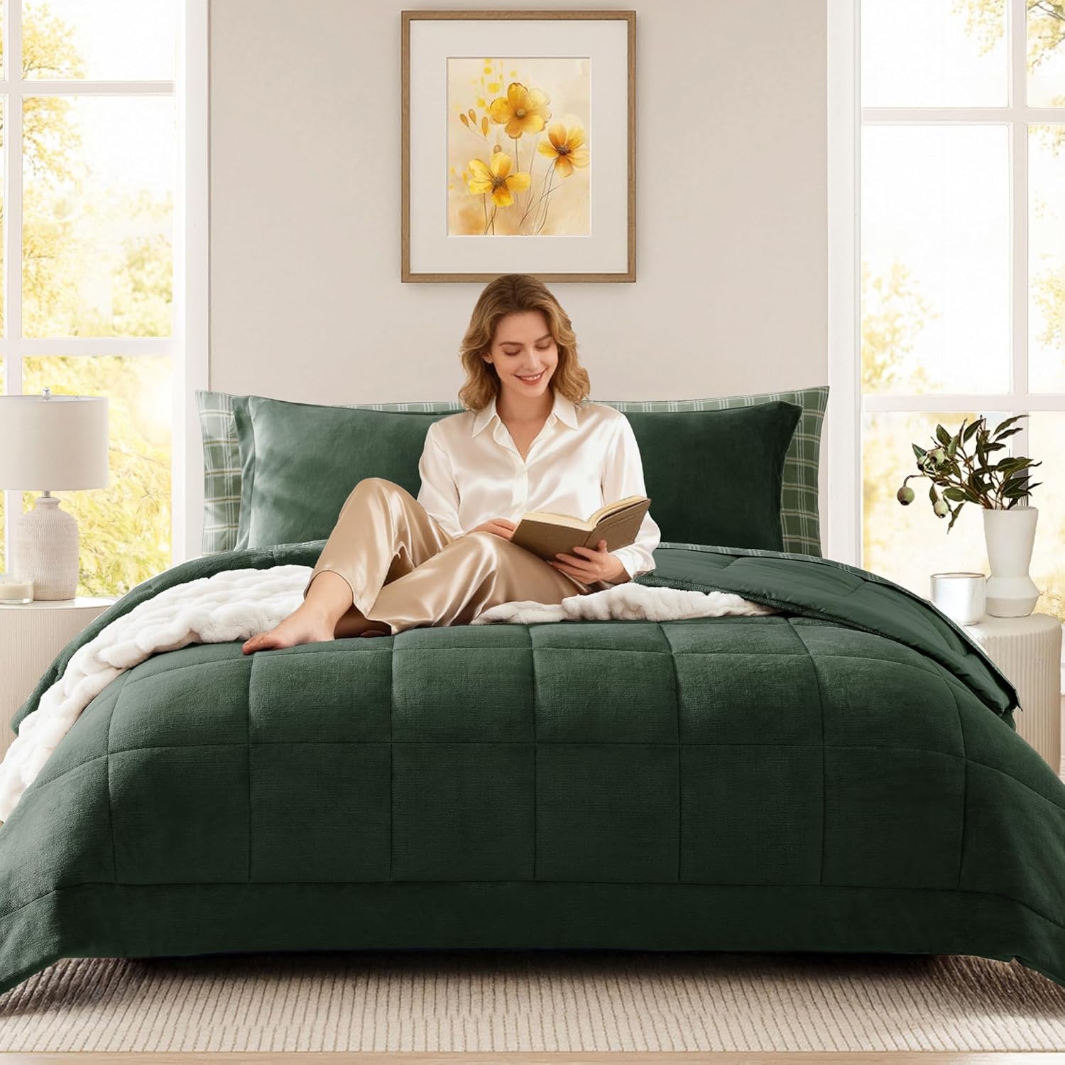 Plush King Size Comforter Set Dark Green, Flannel Velvet Comforter Sets 7 Pieces Bed in a Bag, Soft Warm Winter Bedding Set with Sheets, Pillowcases & Shams