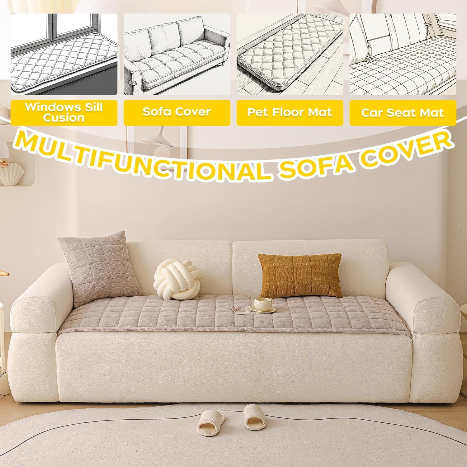 Couch Covers for Dogs, Non-Slip Washable Sofa Covers for 3 Cushion Couch, Soft Comfortable Pet-Friendly Furniture Protector for High Traffic Living Rooms(Beige, 27.6''x70.9'')