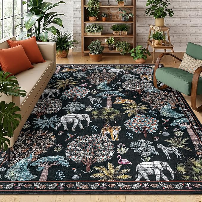Yamaziot Washable Area Rug 8x10 – Jungle Animal Print Linen Rug for Living Room, Low Pile Non Slip Boho Floor Carpet for Indoor Outdoor Rug, Bedroom, Living Room, Dining Room, Forest Black