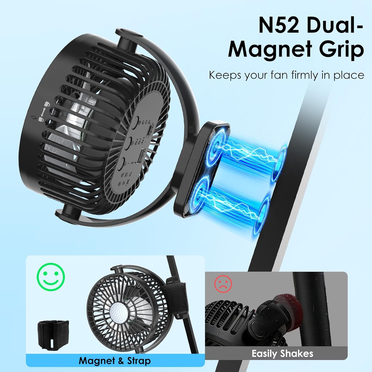 Minthouz Magnetic Golf Cart Fan, Rechargeable 12000mAh Fan, 3-Speed 360° Rotation, Timer Function, LED Lighting, Magnetic Base & Strap, Compatible with EZGO, Club Car, Yamaha Golf Carts