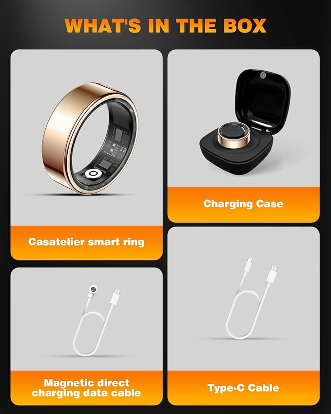 Smart Ring Health Tracker with Charging Case Sleep Heart Rate & Blood Oxygen Monitor 5ATM+IP68 Waterproof Fitness Ring No Subscription 3-7Day Battery iOS & Android Compatible for Men Women Gold 8#
