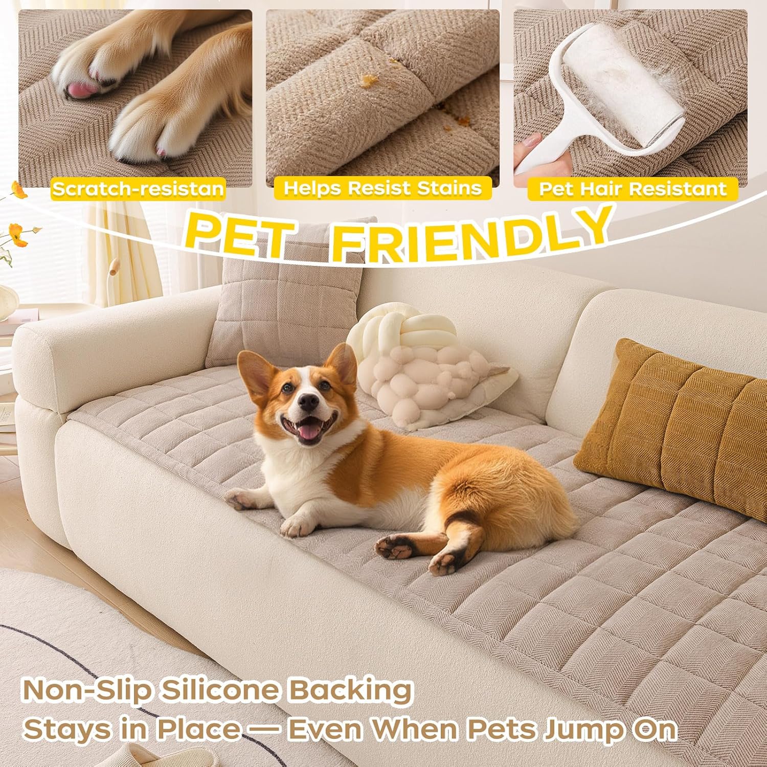 Couch Covers for Dogs, Non-Slip Washable Sofa Covers for 3 Cushion Couch, Soft Comfortable Pet-Friendly Furniture Protector for High Traffic Living Rooms(Beige, 27.6''x70.9'')