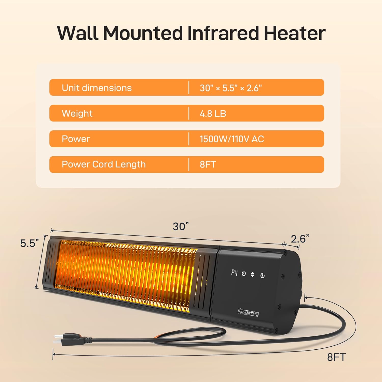 Powerscale 1500W Electric Patio Heater, IP65 Waterproof, Remote, Fast Heating, 4 Heat Levels, 24H Timer &amp; Memory Function, Wall Mounted Indoor/Outdoor Heater for Patio, Garage, Backyard, Black