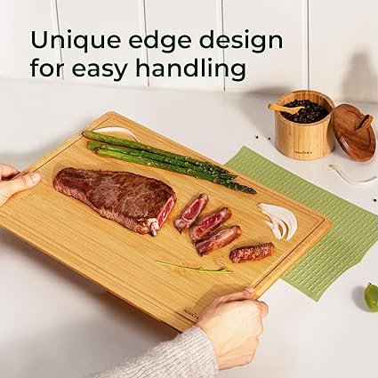 Keechee Cutting Board with Non-slip Mat, Bamboo Cutting Board for Kitchen Meal Prep & Serving - Wood Serving Board Set with Deep Juice Groove Ideal Kitchen Gifts