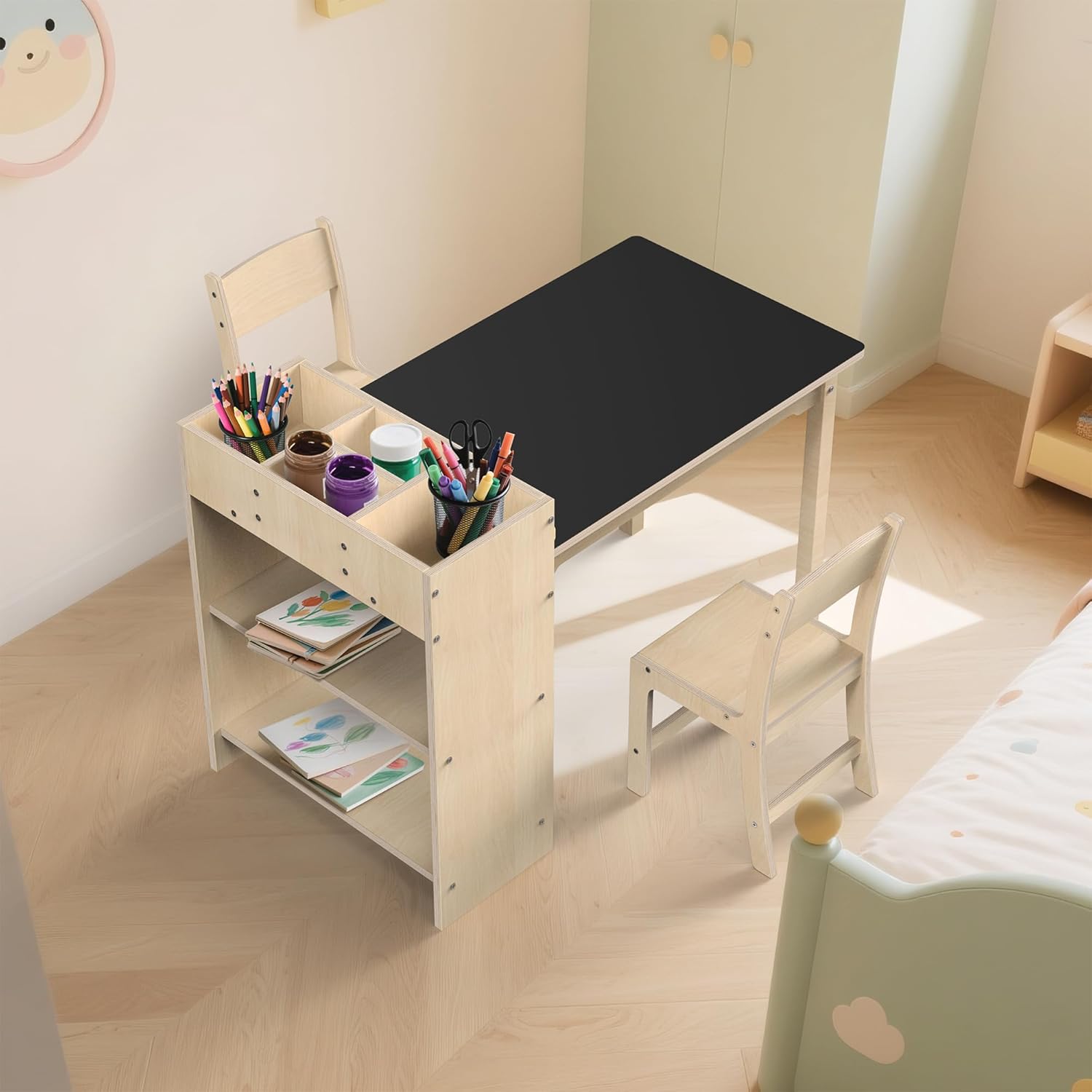 Kids Art Table and Chair Set, Sturdy Beech Wood Study Desk for Children’s Drawing, Learning & Play - Multi-Functional Activity Table for Home,Toddler Desk with Storage and 1 Chair