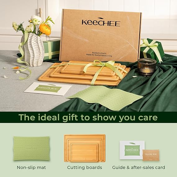 Keechee Cutting Board with Non-slip Mat, Bamboo Cutting Board for Kitchen Meal Prep & Serving - Wood Serving Board Set with Deep Juice Groove Ideal Kitchen Gifts