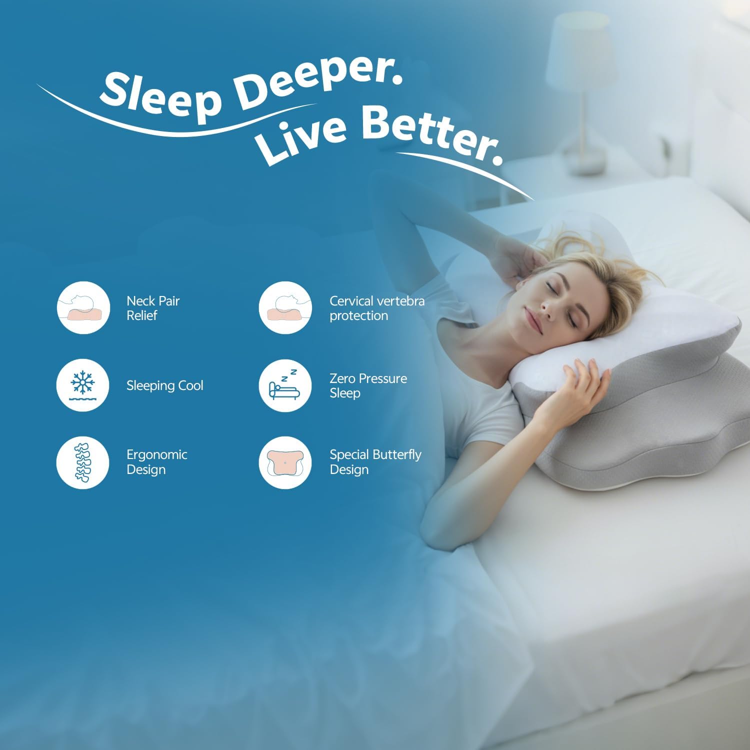 Nontoxic Talc-Free Cervical Memory Foam Pillow for Neck and Shoulder, Butterfly-Shaped Ergonomic Breathable Pillow for Side Back Stomach Sleepers with Pillowcase, Skin-Friendly Fabric