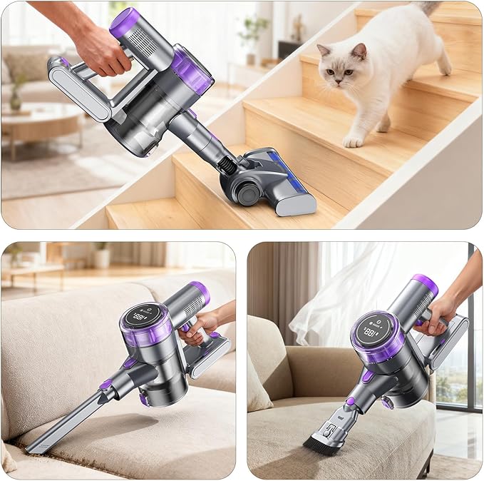 Cordless Vacuum Cleaner, 30Kpa Vacuum Cleaners for Home, Stick Vacuum with LED Display, 2 Roller Brushes for Anti-Tangle &amp; Hard Floor, 6 in 1 Lightweight Vacuum for Hard Floors Carpet Pet Hair