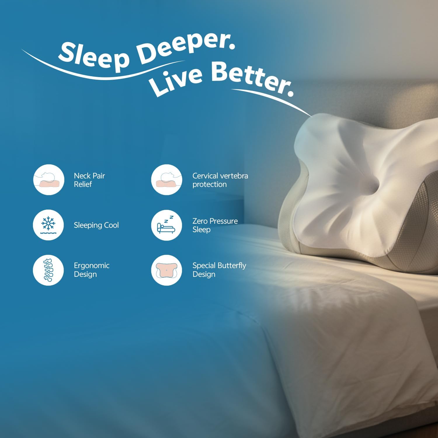 Nontoxic Talc-Free Cervical Memory Foam Pillow for Neck and Shoulder, Butterfly-Shaped Ergonomic Breathable Pillow for Side Back Stomach Sleepers with Pillowcase, Skin-Friendly Fabric