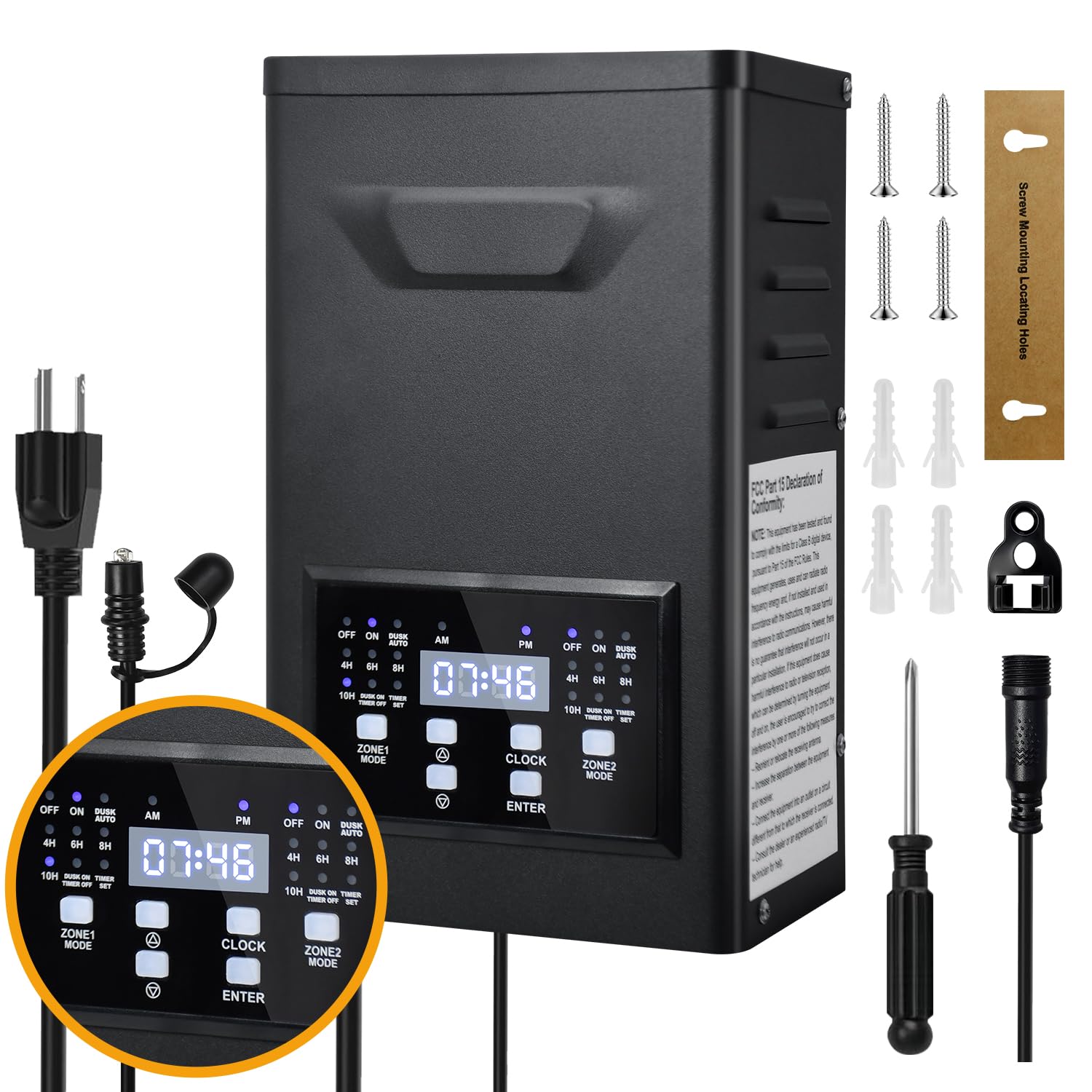 COLOER 300W Low Voltage Landscape Lighting Transformer with 2 Independent Control Output Zones, 120V AC to 12V/14V AC Low Voltage Power Pack with Timer and Photocell Sensor for Outdoor Lights